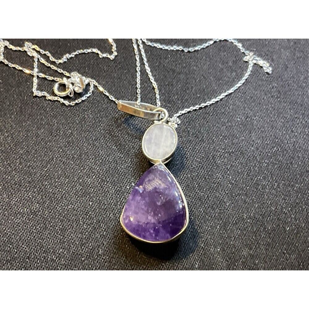 925 Sterling Silver Amethyst And Quartz With Dainty 16in Chain Necklace